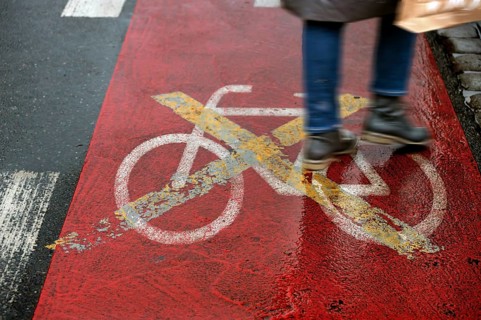 Red marked bicycle path closed to bicycles, Nuremberg, Middle Franconia, Bavaria, Germany