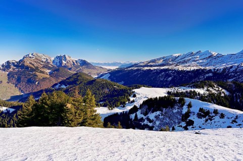 View of snow-covered Säntis and Churfirsten from Gulmen, Amden, Canton of St. Gallen, Switzerland