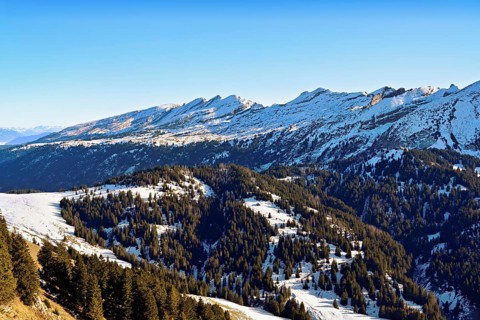 View of the snow-covered Churfirsten mountains from Gulmen, Amden, Canton of St. Gallen,