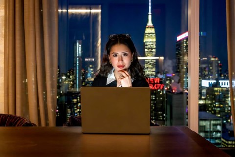 Young businesswoman with glasses on her head, focused on her laptop in a high rise at night,