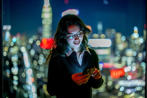 Young businesswoman smiling, reading a message on her glowing smartphone, standing by a window with