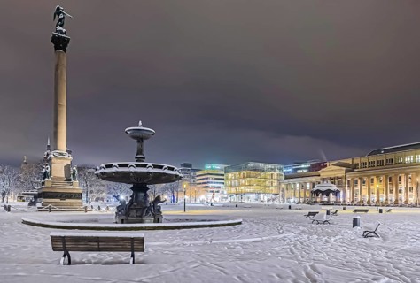Winter in Stuttgart. It snowed overnight and the city is wintry white early in the morning. Palace