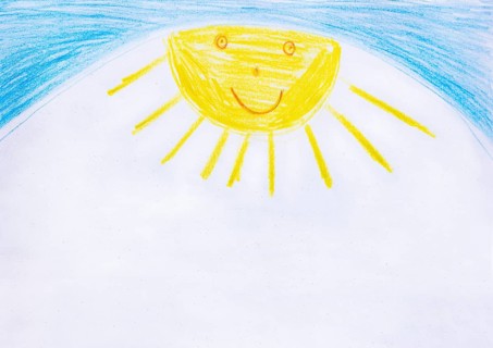 Naive illustration, children's drawing, sun with blue sky, free text, Austria