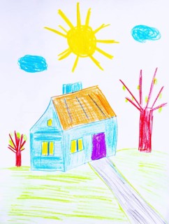 Naive illustration, children's drawing, house in the garden, sunshine and cloud, Austria