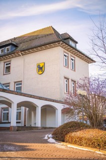 A traditional building with a coat of arms surrounded by winter landscape, fibreglass