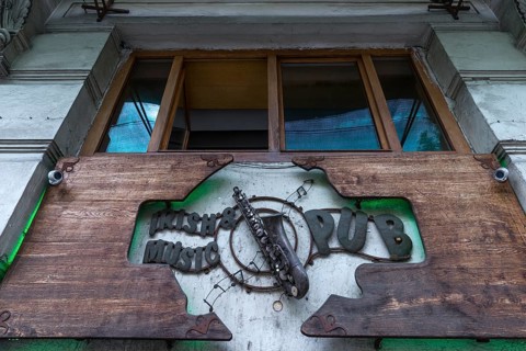 Entrance of an Irish & music pub, Cluj-Napoca, Transylvania, Romania