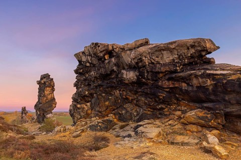 Teufelsmauer, Devil's Wall at sunrise, eroded sandstone rock formation Mittelsteine near