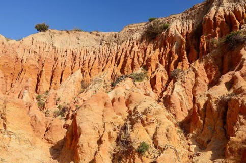 Eroded sandstone cliffs on the coast, Praia da Mesquita, Algarve, Portugal