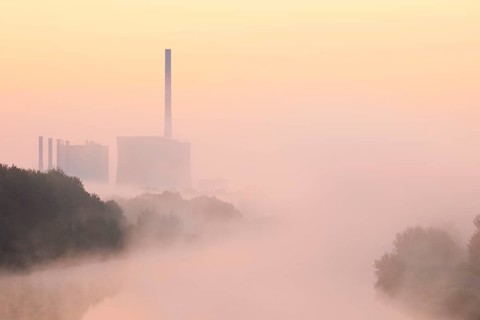 Datteln-Hamm Canal and Gersteinwerk power plant in morning fog at sunrise, Bergkamen, North
