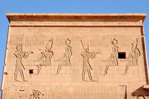 Relief of the king in front of the gods Osiris and Isis, Temple of Philae, UNESCO World Heritage
