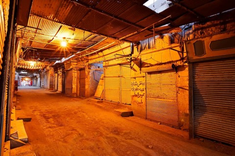 Illuminated bazaar at dawn, Esna, Egypt