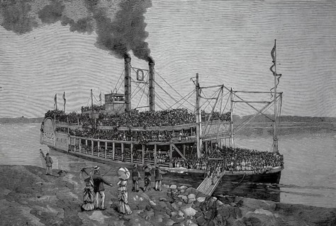 Sunday trip on the Ohio River, overcrowded steamer at the pier, overcrowding, overtourism, America,