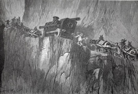 Settlers with carriages on a narrow mountain pass in Colorado, trek, 1880, America, authentic,