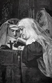 Nuns praying in a monastery, authentic, digitally restored reproduction from a 19th century model,