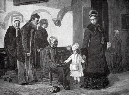 Family going to church, child giving alms to a beggar, charity, Germany, authentic, digitally
