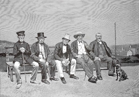 The pensioner's bench, five old men sitting on a bench, Sunday afternoon, watching the surrounding