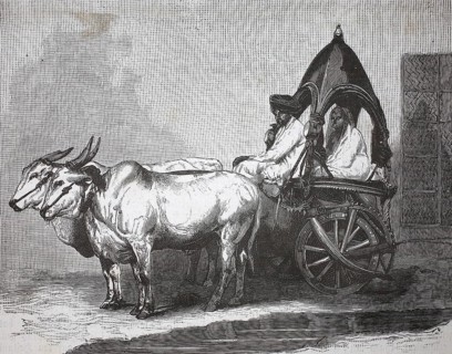 Indian touring car, single-axle tractor pulled by two cows, 1880, India, authentic, digitally