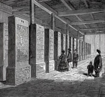 Public library in China, 1880, authentic, digitally restored reproduction from a 19th century