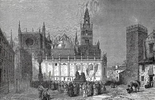 The Cathedral of Seville, 1880, Spain, authentic, digitally restored reproduction from a 19th