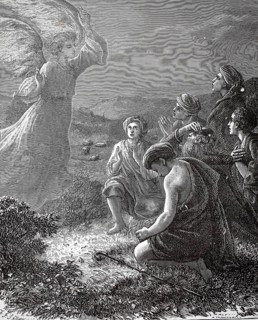 Angel appears to the shepherds in the Christmas story (Luke 2, 8-20) in the fields near Bethlehem,