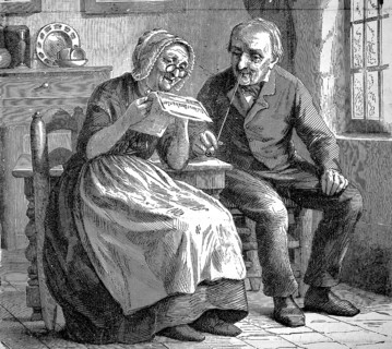 Grandparents, elderly couple sitting at the kitchen table, she reads from the newspaper, he smokes