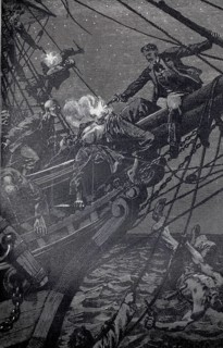 Battle of a group of pirates on a ship, they have already boarded the ship and the captain shoots a