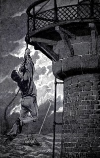 Between sky and ocean, man holding onto a rope attached to a lighthouse, authentic, digitally