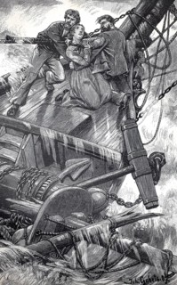 In distress at sea, ship is sinking, the sailors cling to the sailing mast, authentic, digitally