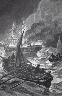 A burning merchant ship at sea, the crew took the lifeboats to safety, 1880, authentic, digitally