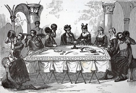 A meal of distinguished people in the Middle Ages, authentic, digitally restored reproduction from