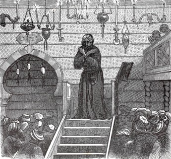 A praying imam in the mosque, authentic, digitally restored reproduction from a 19th-century model,