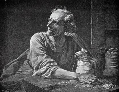 Old miser, man with bags full of money and coins on the table, authentic, digitally restored