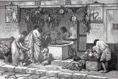 A shop in ancient Rome, Italy, authentic, digitally restored reproduction from a 19th century