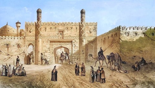 City gates in old Tehran, Iran, authentic, digitally restored reproduction from a 19th century