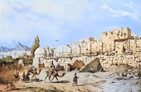 Ruins of a Greek temple, in Kincavar Kingavar, also spelled Kangavar, Iran, authentic, digitally