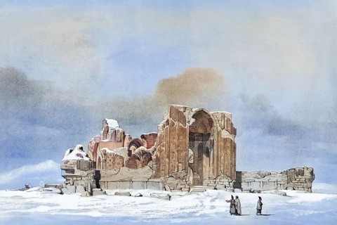 Ruin of a mosque near Tabriz, Iran, authentic, digitally restored reproduction from a 19th century