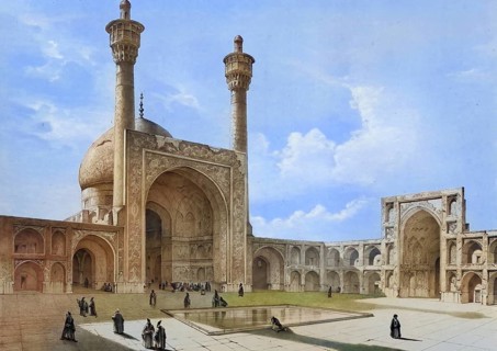 Courtyard, Great Mosque in Isfahan, Iran, authentic, digitally restored reproduction from a 19th