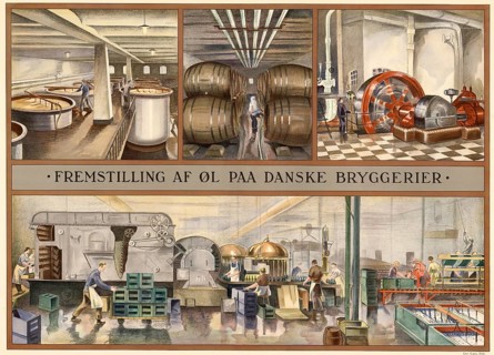 Traditional craft, beer production in a brewery in Denmark, 1930, illustration, reproduction from a
