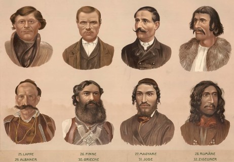 Schematic diagram, European ethnic types: Lappe, Finn, Magyars, Romanians, Albanians, Greek, Jew,