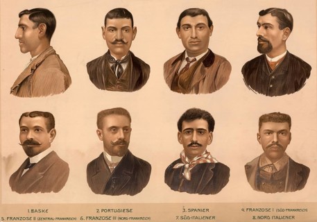 Schematic diagram, European ethnic types: Basque, Portuguese, Spanish, Southern French, French,
