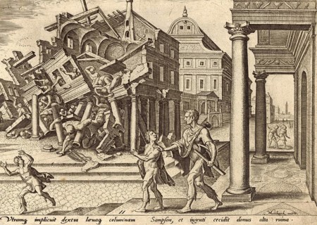 From The Disasters of The Jewish People: After his capture and blinding by the Philistines, the