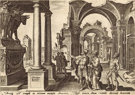 From The Disasters of The Jewish People: Jehu, King of Israel, venerates the golden calves built by