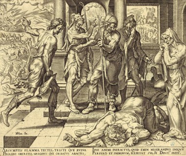 Biblical story of Job, a central scene from the biblical book of Job, in which messengers tell the