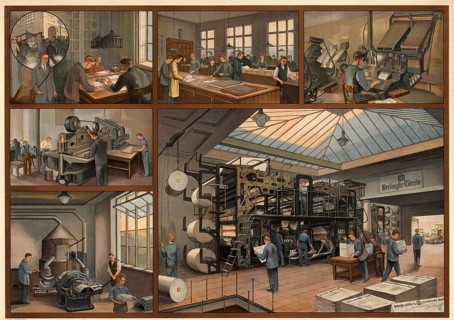 Production of a daily newspaper, editing and printing house, 1930, Denmark, illustration,