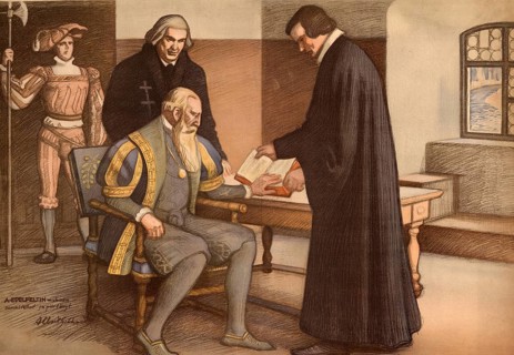 The painting shows a historical scene of the Finnish-Swedish Reformation. It depicts the Swedish