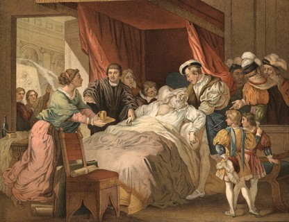 The idea that King Francis I held his dying friend Leonardo da Vinci in his arms is a famous legend