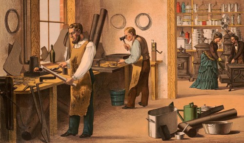 Tinsmith, plumber, plumber or bottle maker, traditional craft, around 1920, illustration,