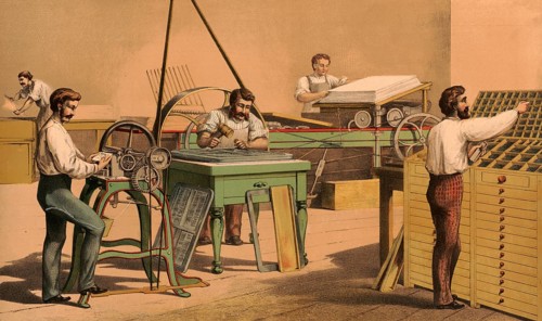 Traditional craft, printer and typesetter in a printing house around 1920, illustration,