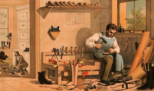 Traditional craft, Schumacher at work in his workshop, shoemaker, around 1920, illustration,