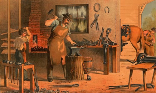 Traditional craft, blacksmith, blacksmith at work, blacksmith, around 1920, illustration,